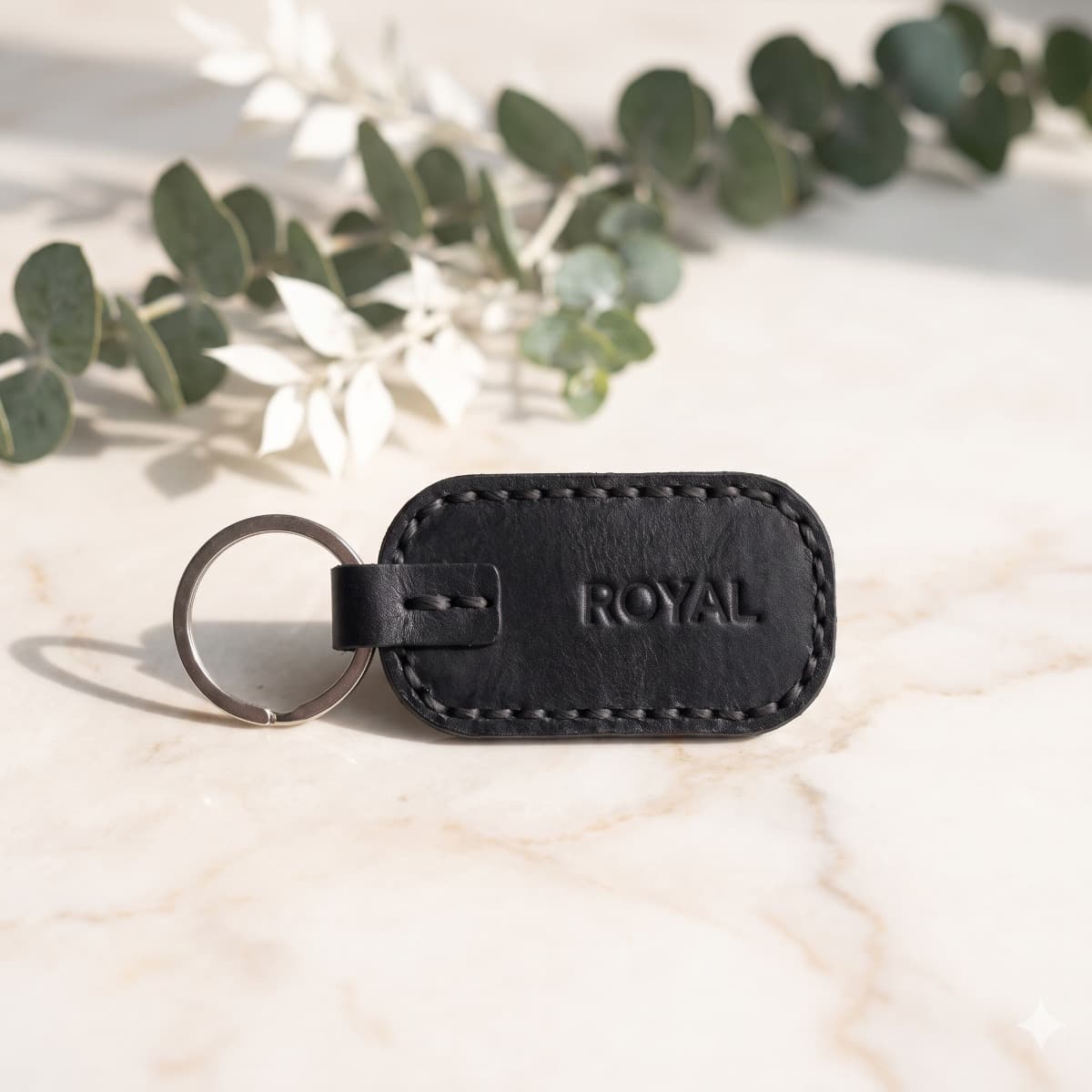 ROYAL Leather Keychain — Black — front view