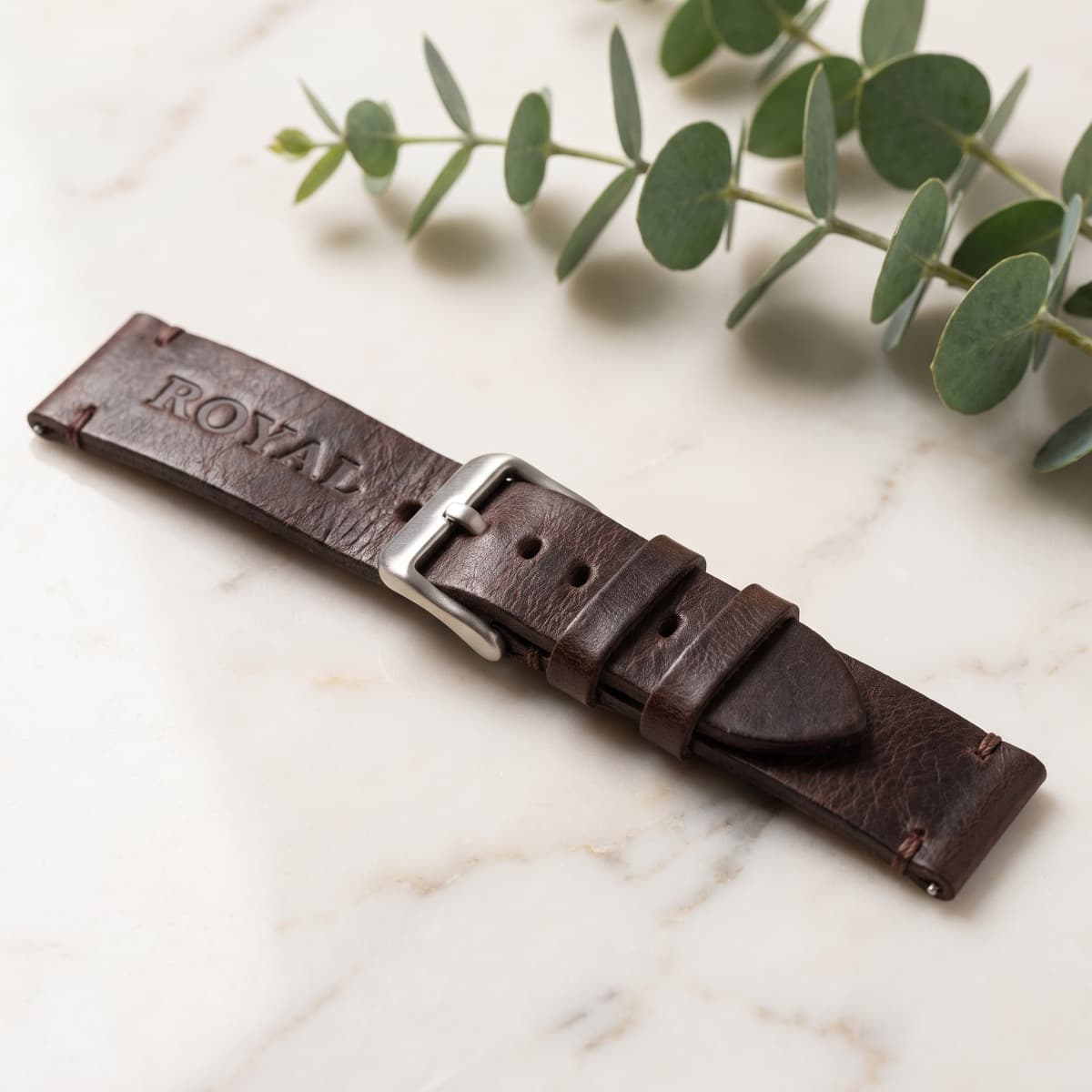 ROYAL Leather Watch Strap — Chocolate Brown — angle view