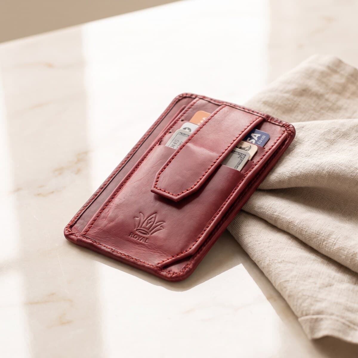 ROYAL Long Flap Card Holder — Burgundy — angle view