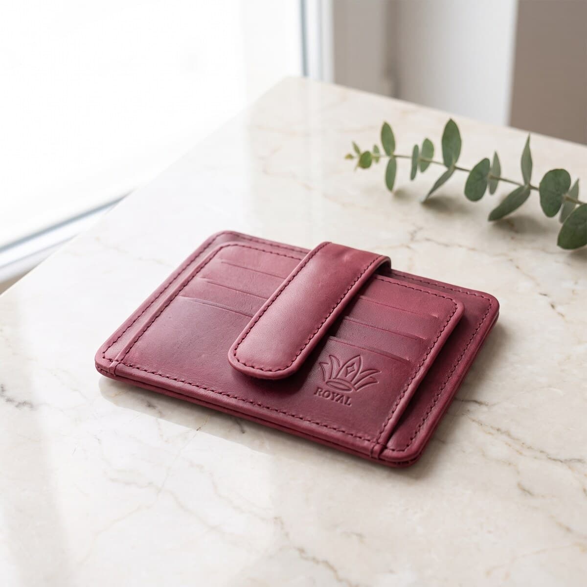 ROYAL Short Flap Card Holder — Burgundy — interior view