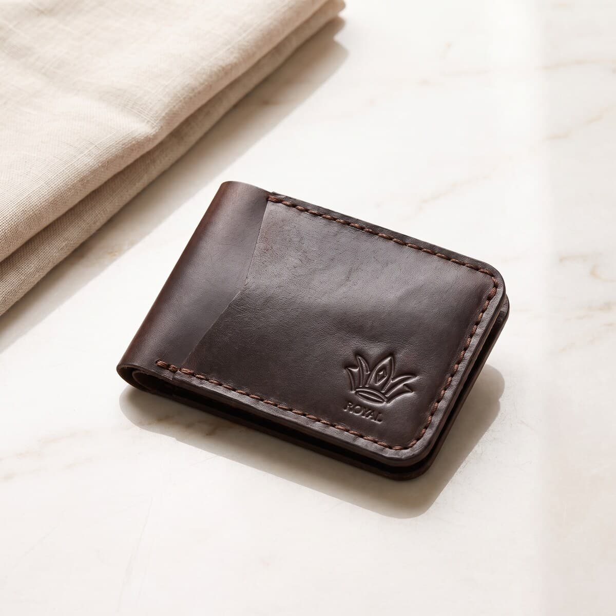 ROYAL Hand Stitch Front Pocket Wallet — Brown — lifestyle view