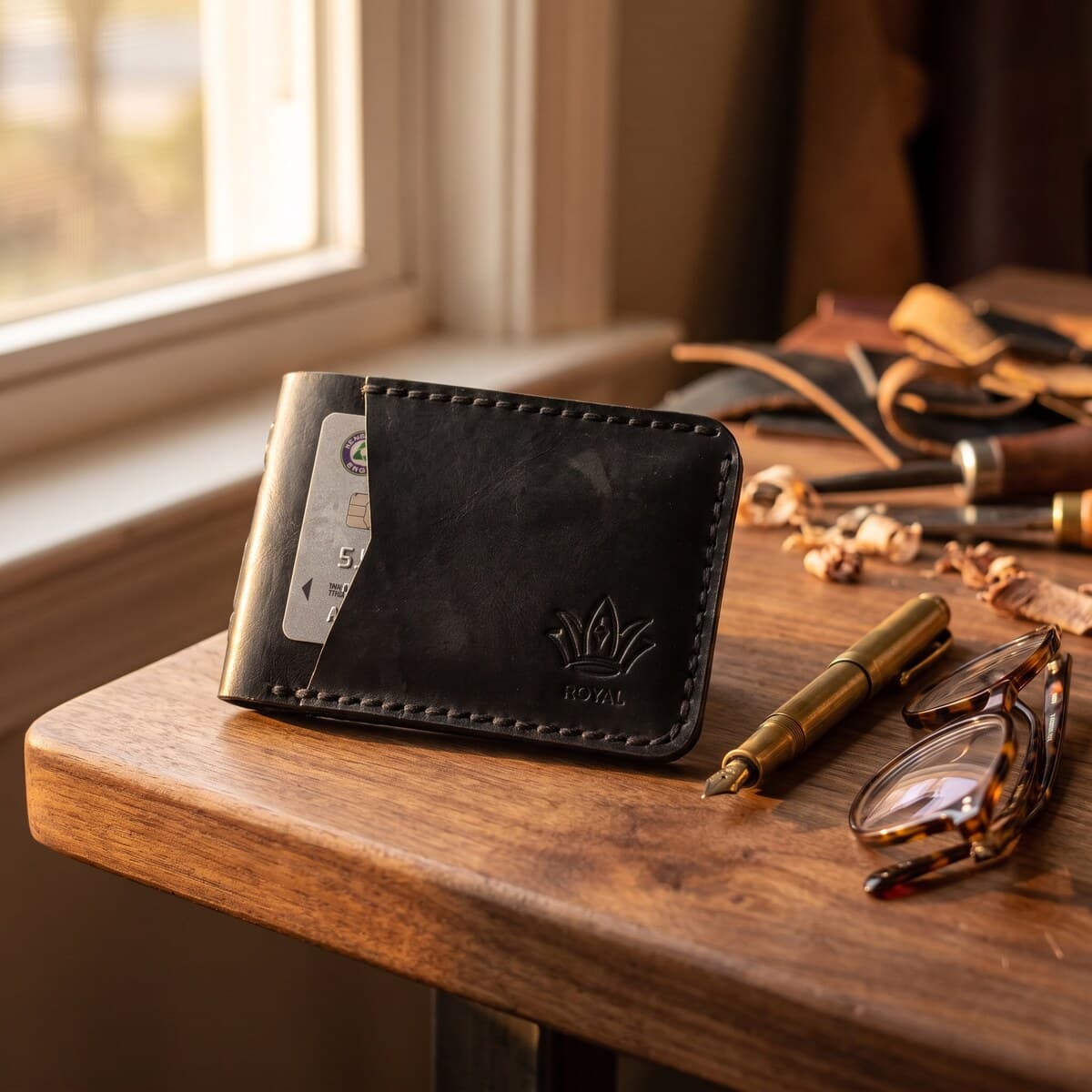 ROYAL Hand-Stitch Front Pocket Wallet — Black — front view