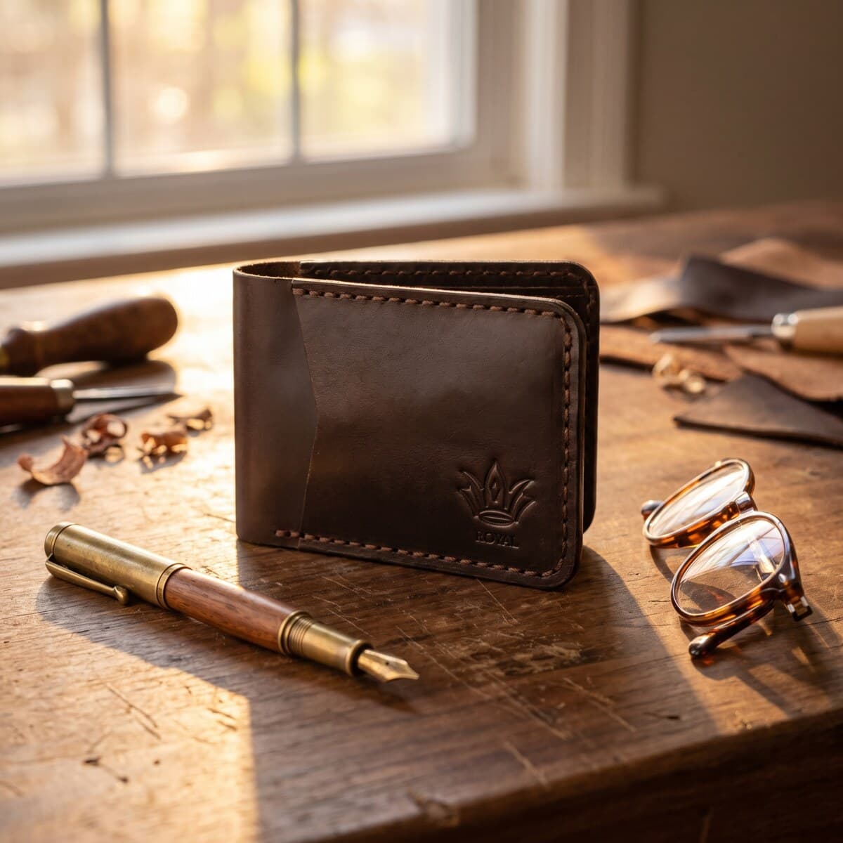 ROYAL Hand Stitch Front Pocket Wallet — Brown — back view