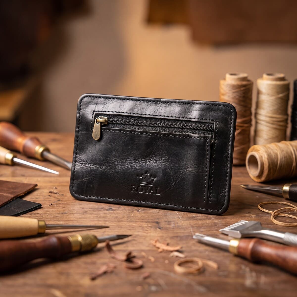 Royal Long Flap Card Holder — Black — Black full-grain leather, view 10