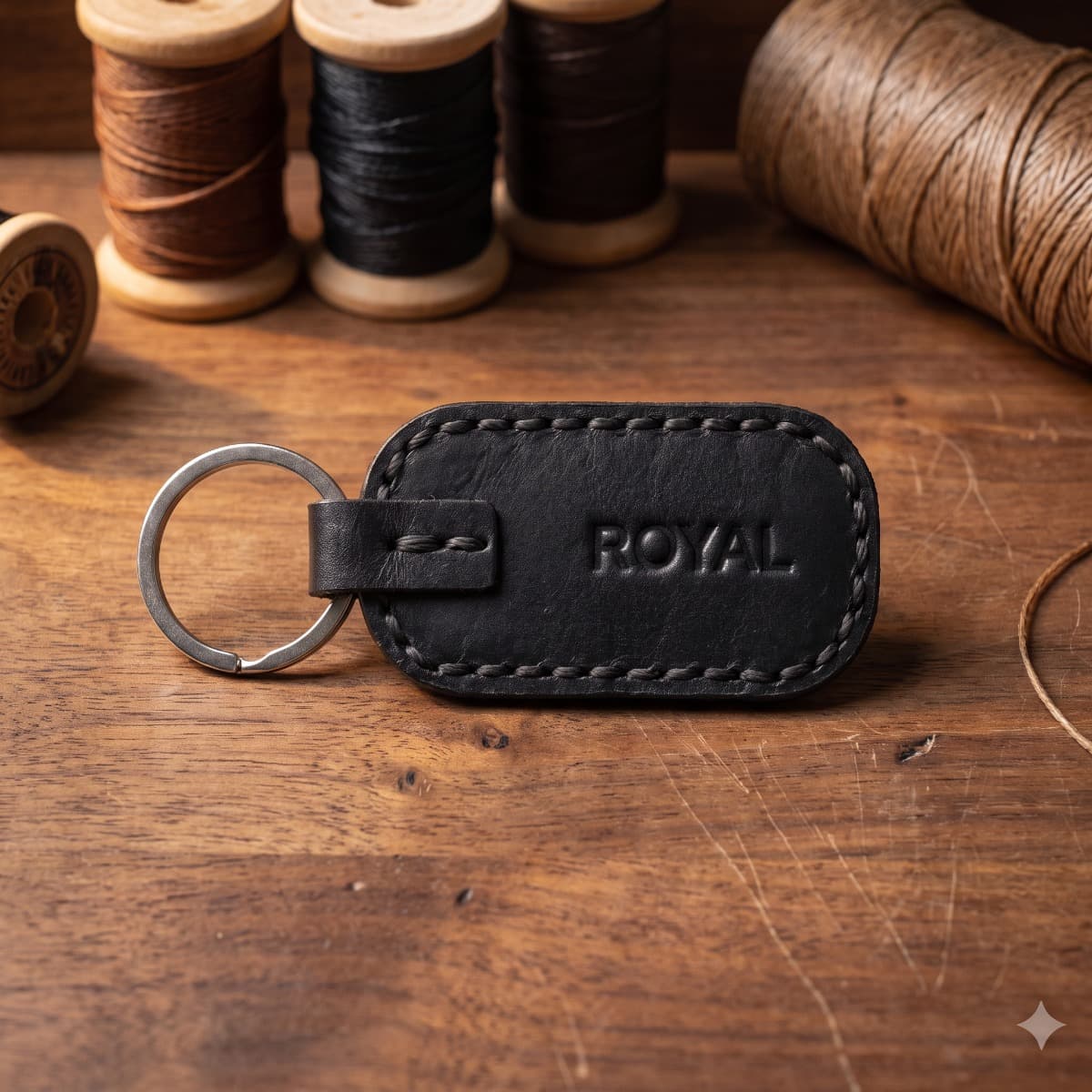 ROYAL Leather Keychain — Black — detail view