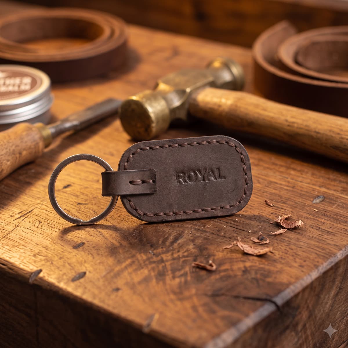 ROYAL Leather Keychain — Brown — angle view