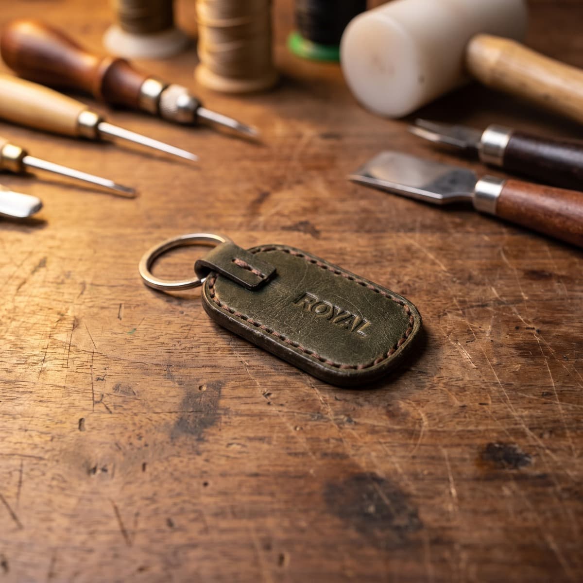 ROYAL Leather Keychain — Green — angle view