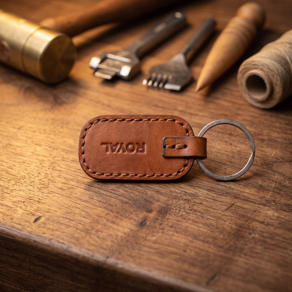 ROYAL Leather Keychain — Tan — interior view