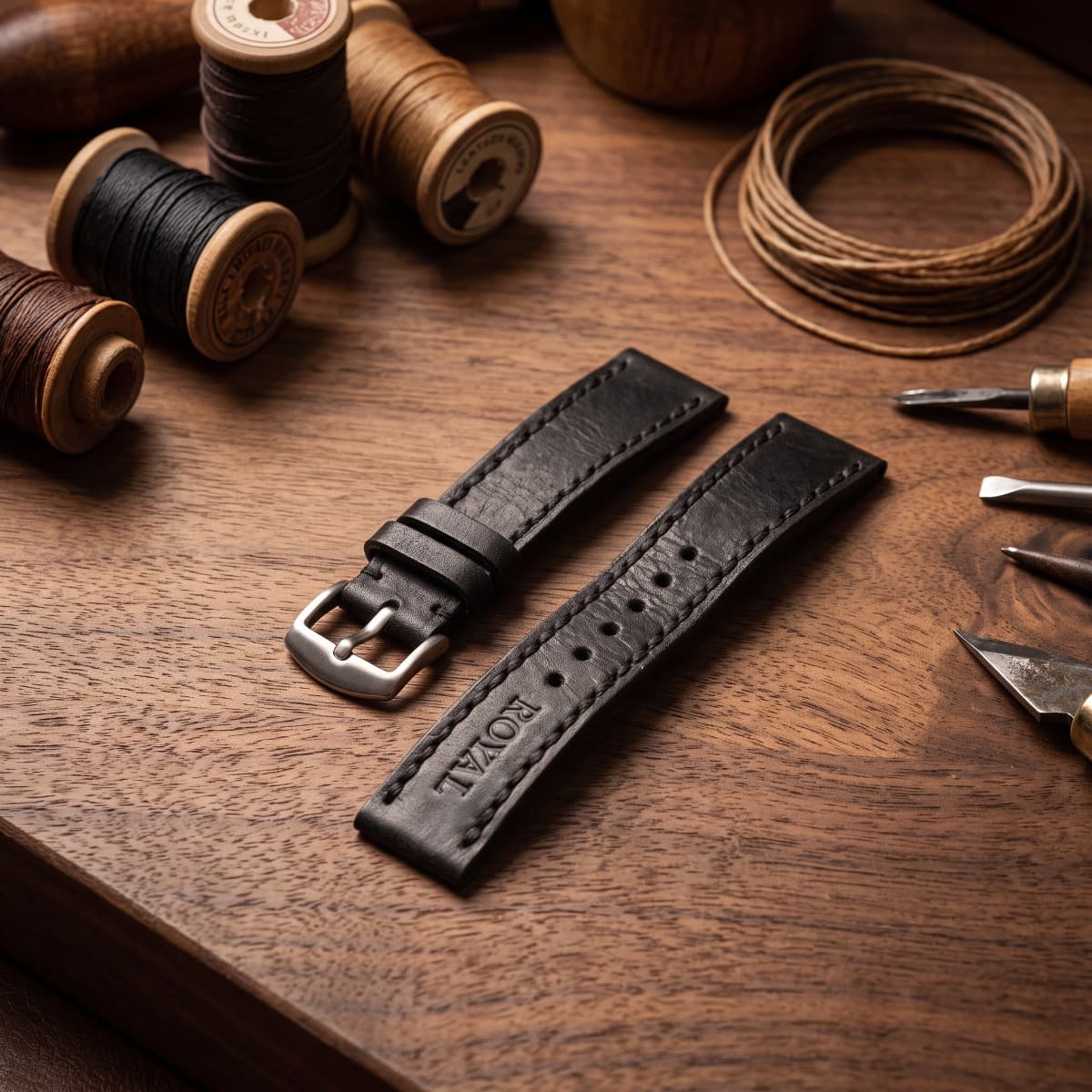 ROYAL Leather Watch Strap — Black — detail view