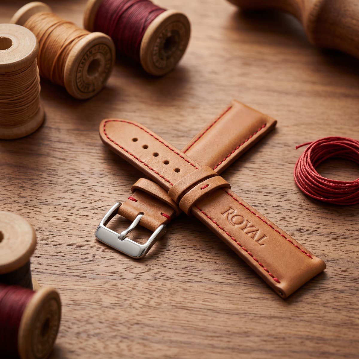 ROYAL Leather Watch Strap — Red Thread — front view