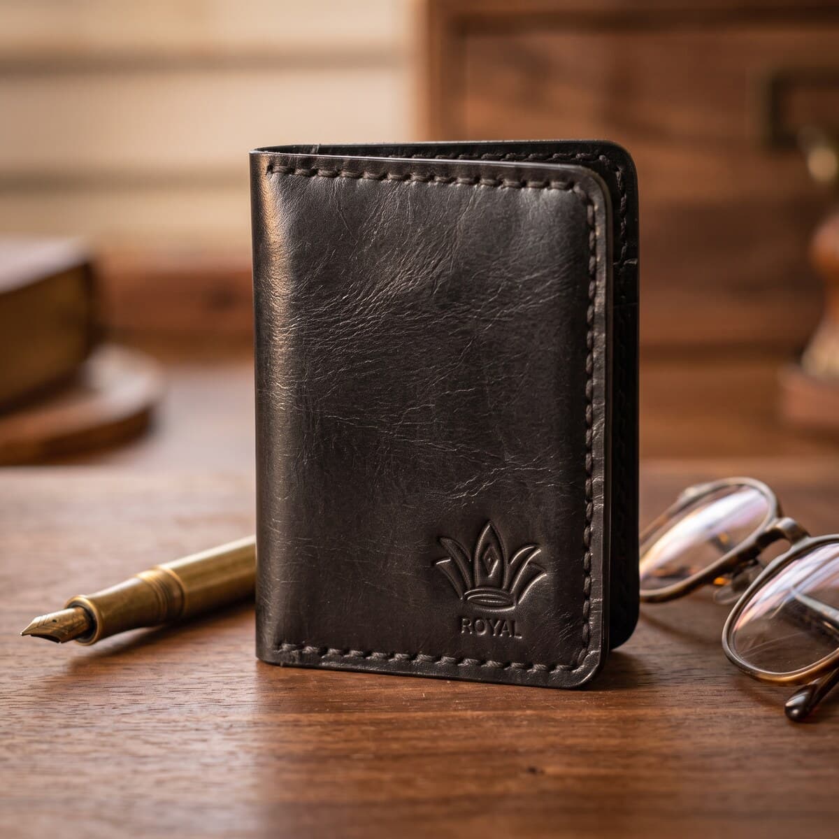 ROYAL Hand Made Card Holder — Black — back view