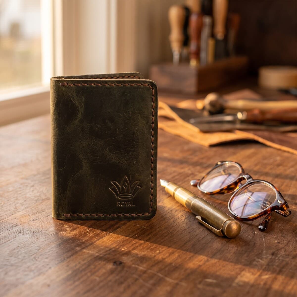 ROYAL Hand Made Card Holder — Green — back view