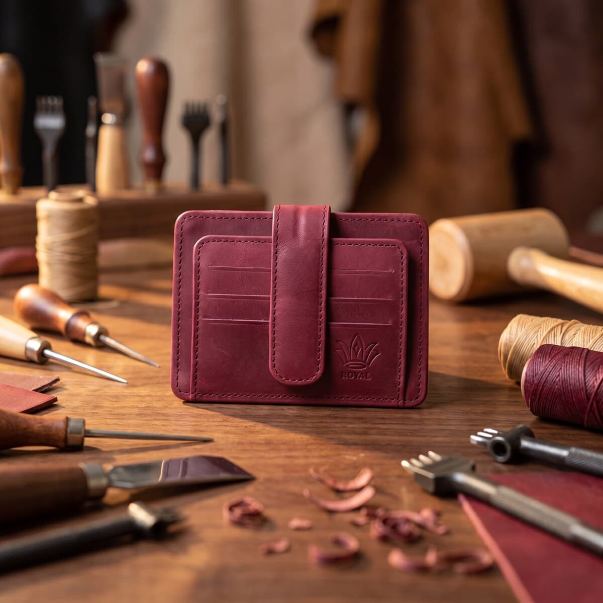 ROYAL Short Flap Card Holder — Burgundy — lifestyle view