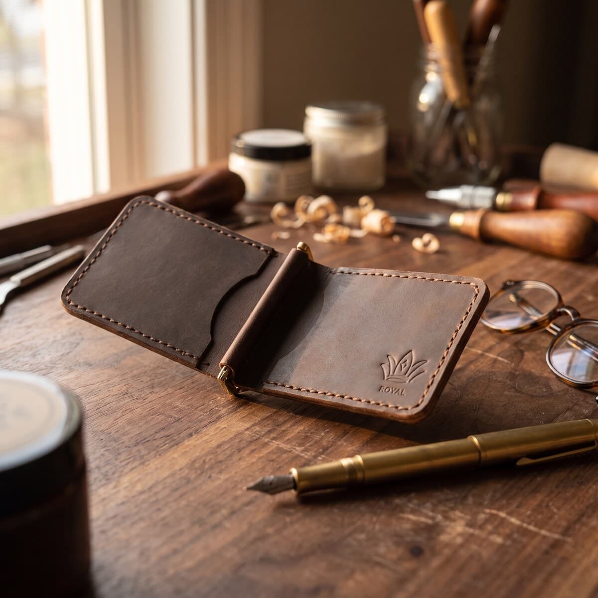 ROYAL Hand Made Cash Clip — Brown — back view