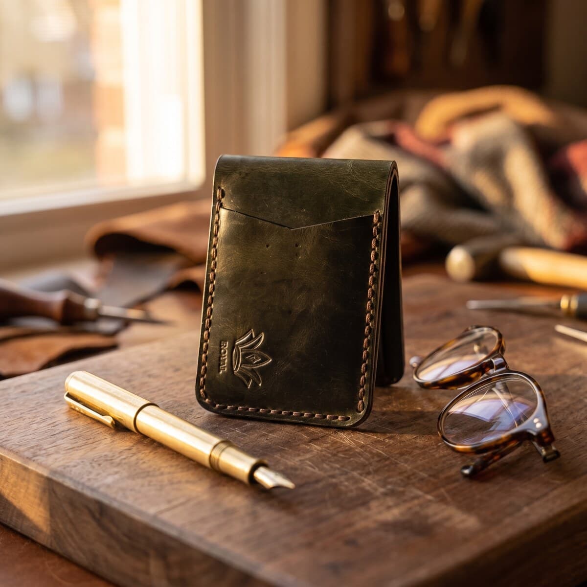 ROYAL Hand Stitch Front Pocket Wallet — Green — front view