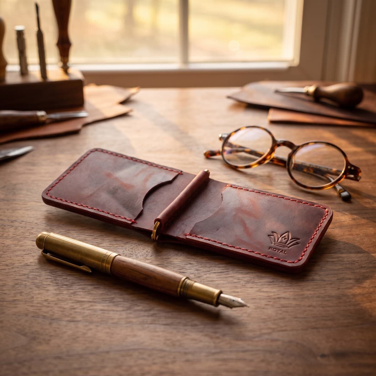ROYAL Hand Made Cash Clip — Burgundy — angle view