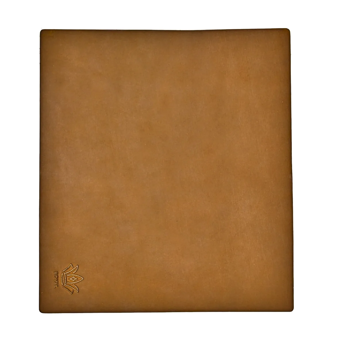 ROYAL leather mouse pad in dark brown, laid flat, with the ROYAL crown embossed in the lower corner