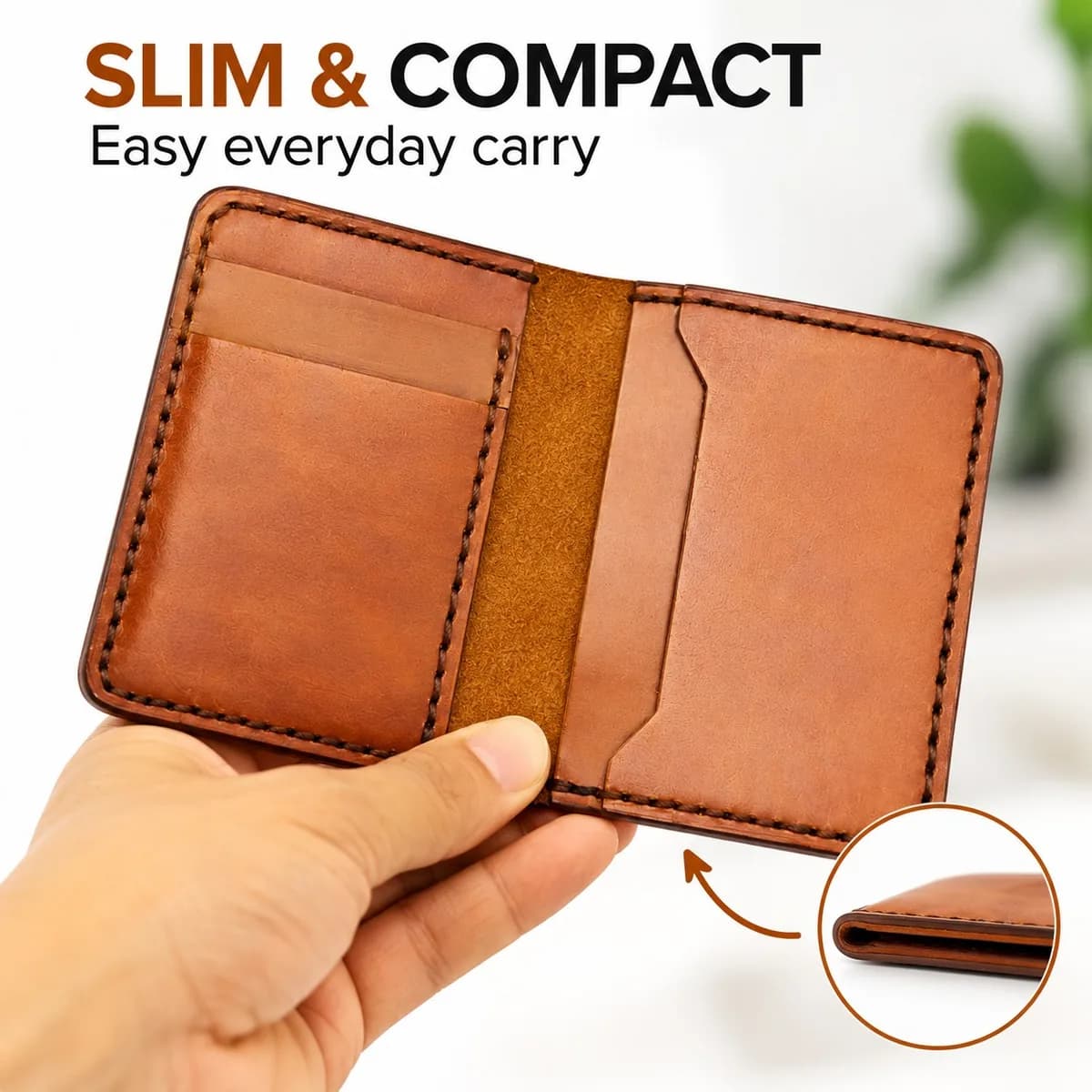 “Slim & Compact”: hand holding the tan ROYAL Hand-Stitched Front Pocket Wallet open, with a close-up of its slim edge