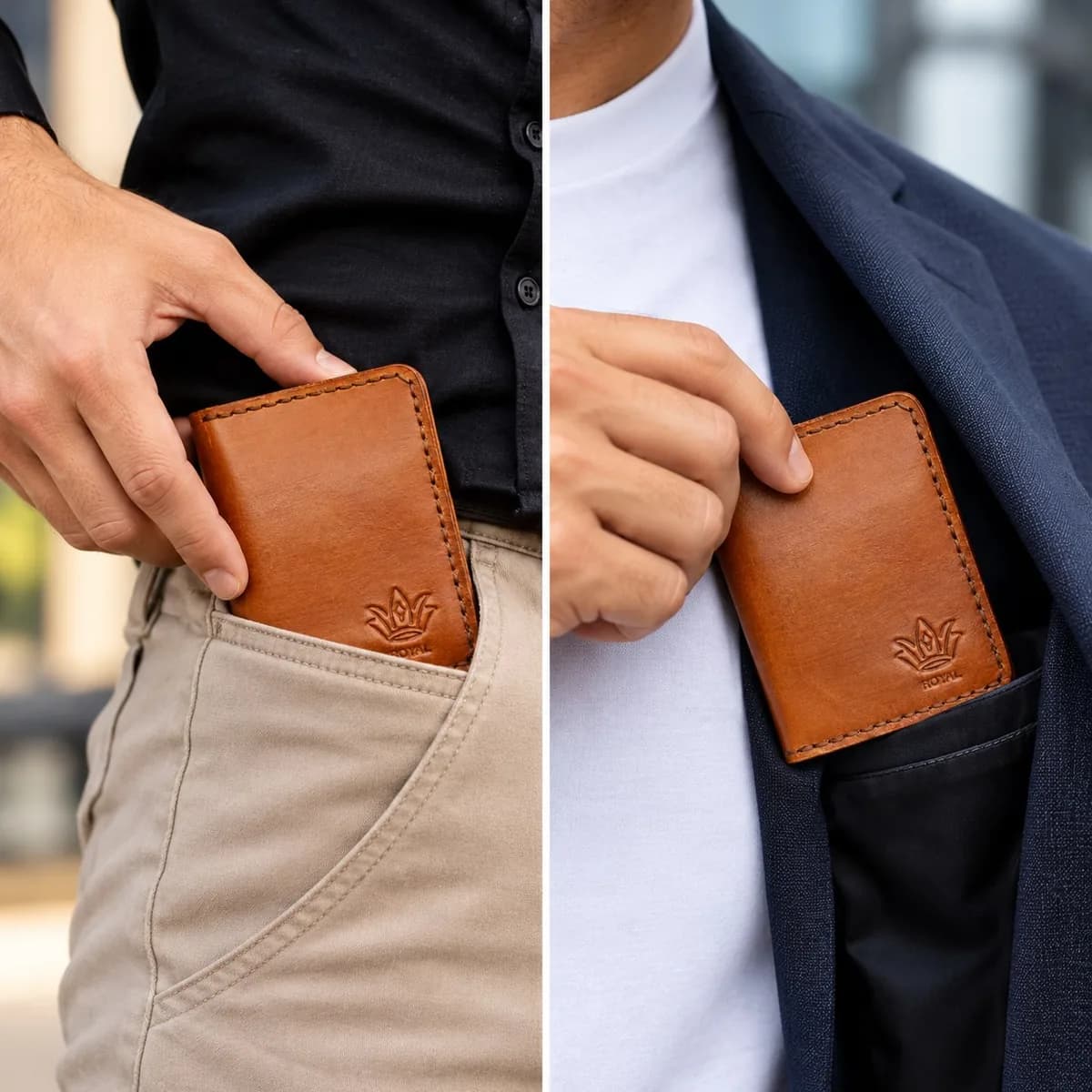 Tan ROYAL Hand-Stitched Front Pocket Wallet going into a front trouser pocket and a jacket’s inside pocket