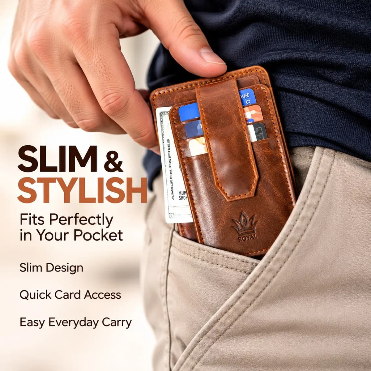 “Slim & Stylish”: tan ROYAL Long Flap Card Holder with cards and folded bills under the strap, slipping into a front pocket