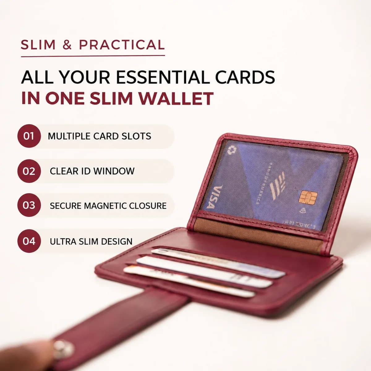 Burgundy ROYAL Long Flap Card Holder opened to show the clear ID window and stacked card slots