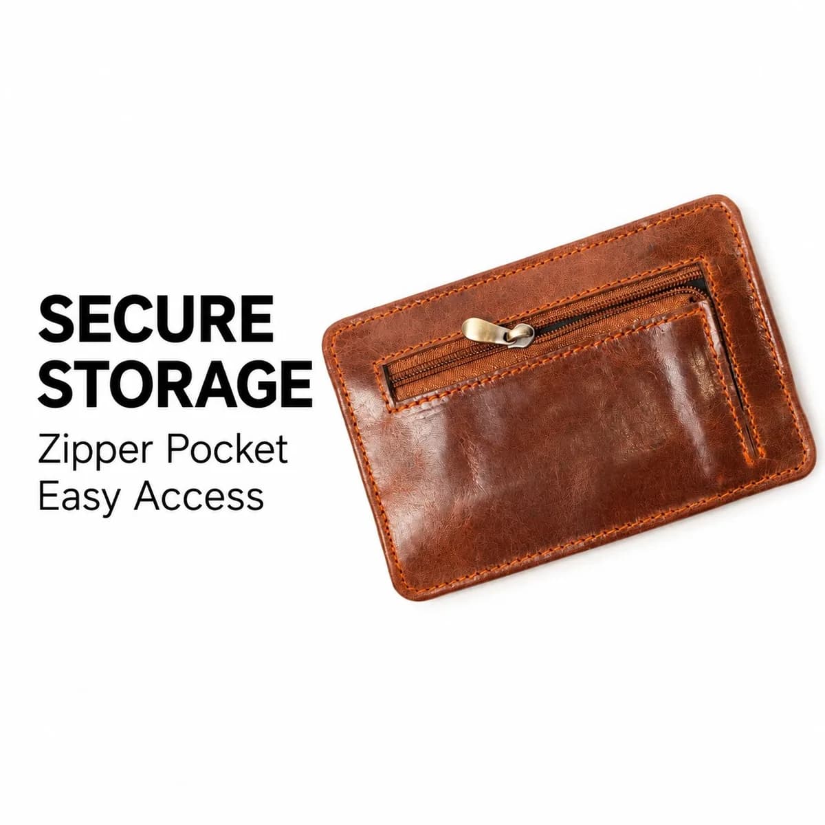“Secure Storage”: back of the tan ROYAL Long Flap Card Holder with its zipped pocket