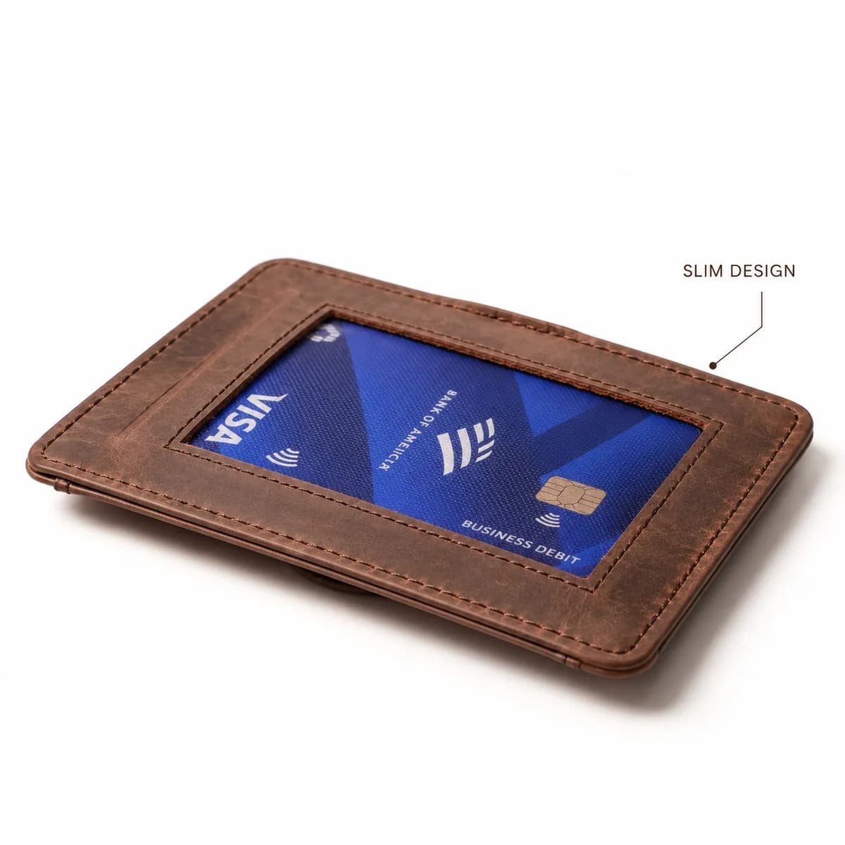 Back of the chocolate ROYAL Short Flap Card Holder, a card showing through the clear ID window