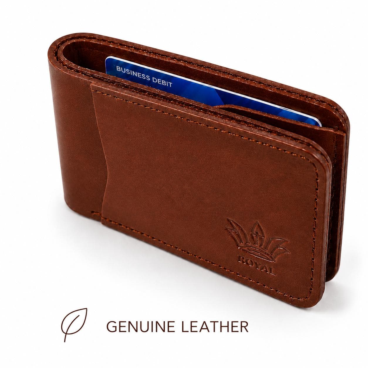 Chocolate front pocket wallet standing with a card in the outer slot — genuine leather callout