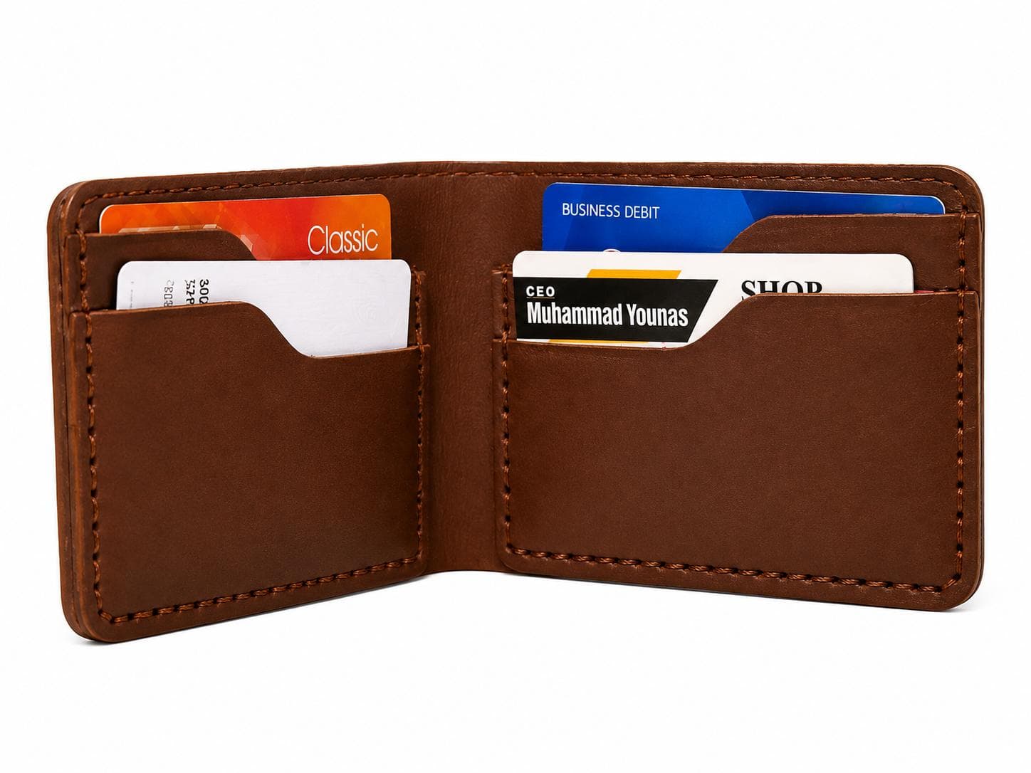 Chocolate front pocket wallet open flat with cards in both interior slots