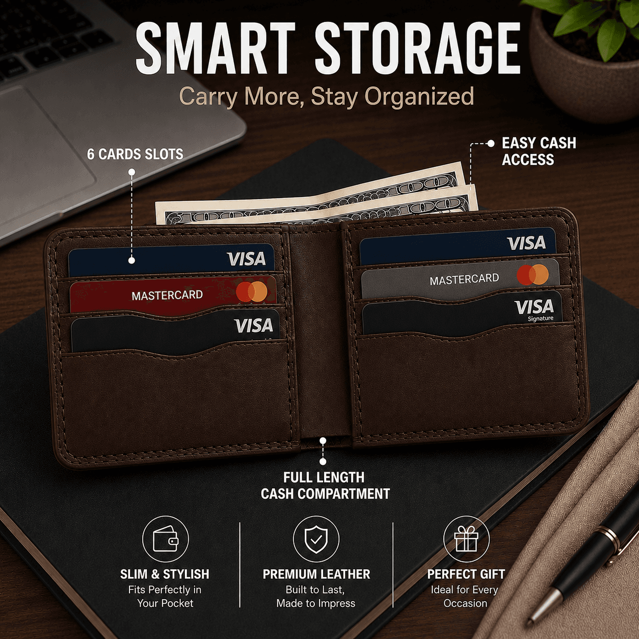 ROYAL Hand Made Regular 3 Pocket Wallet — Brown