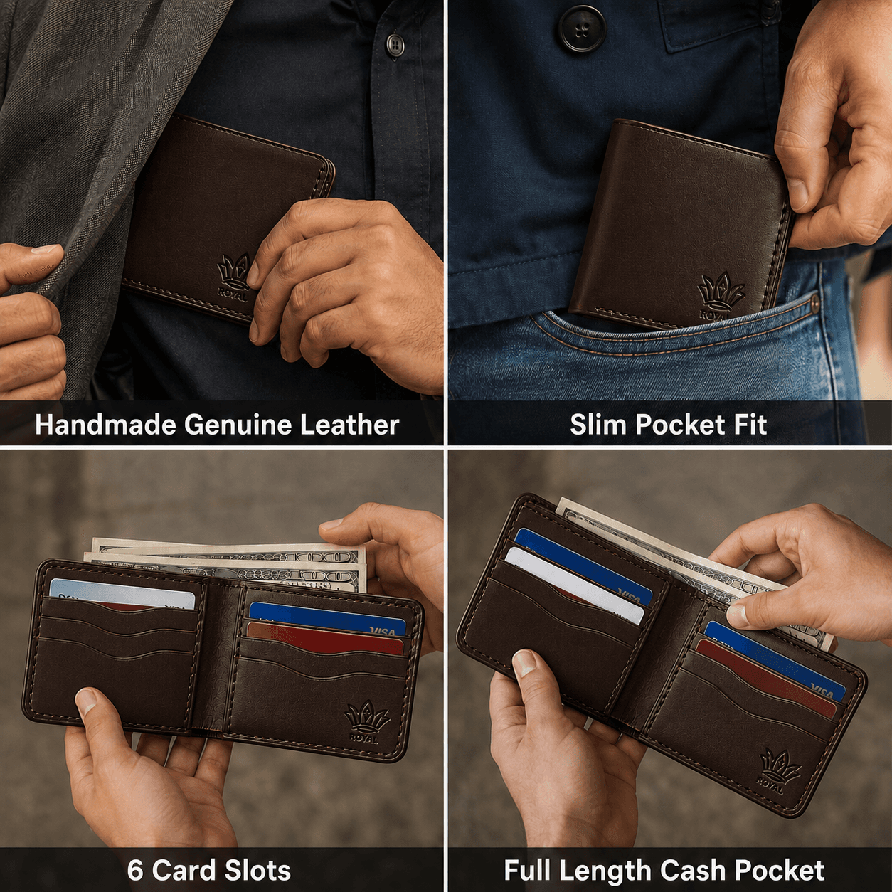 ROYAL Hand Made Regular 3 Pocket Wallet — Brown