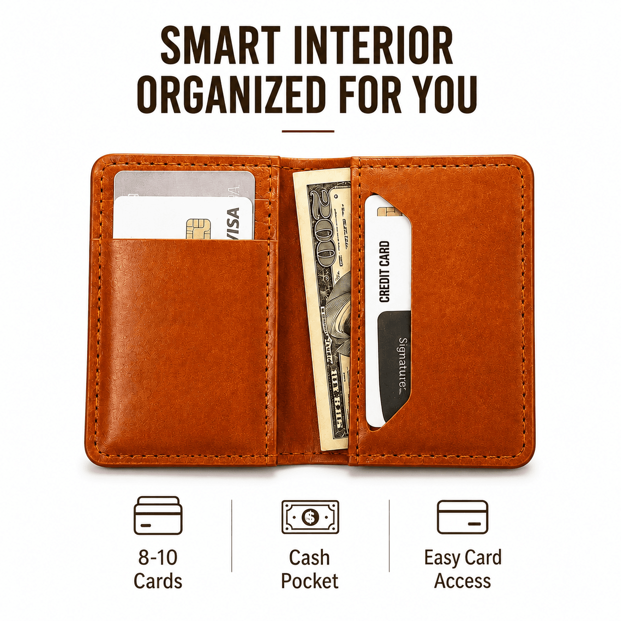 Tan card holder open flat: interior card slots and cash pocket labelled, 8-10 cards