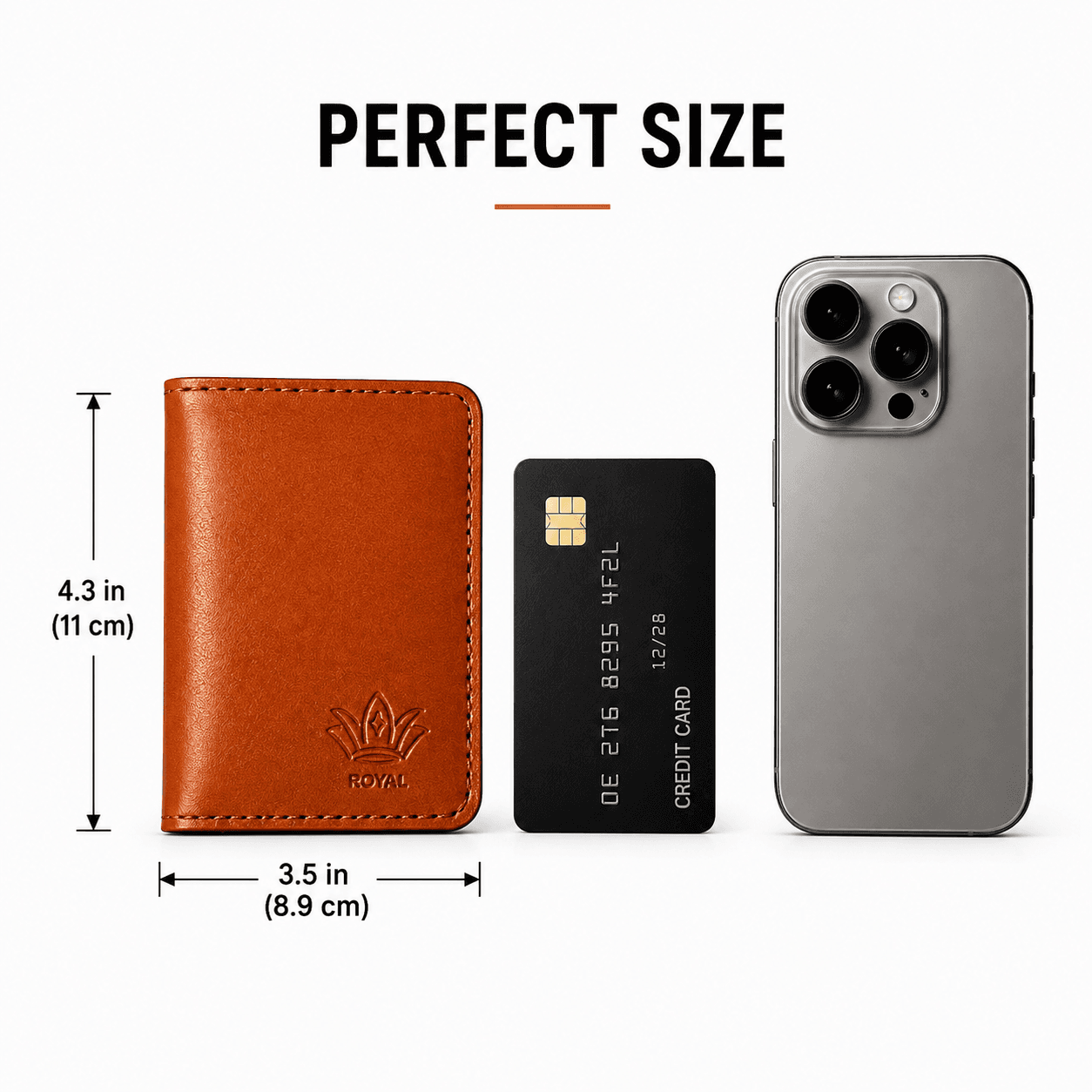 Tan card holder size comparison next to a credit card and a smartphone with dimensions