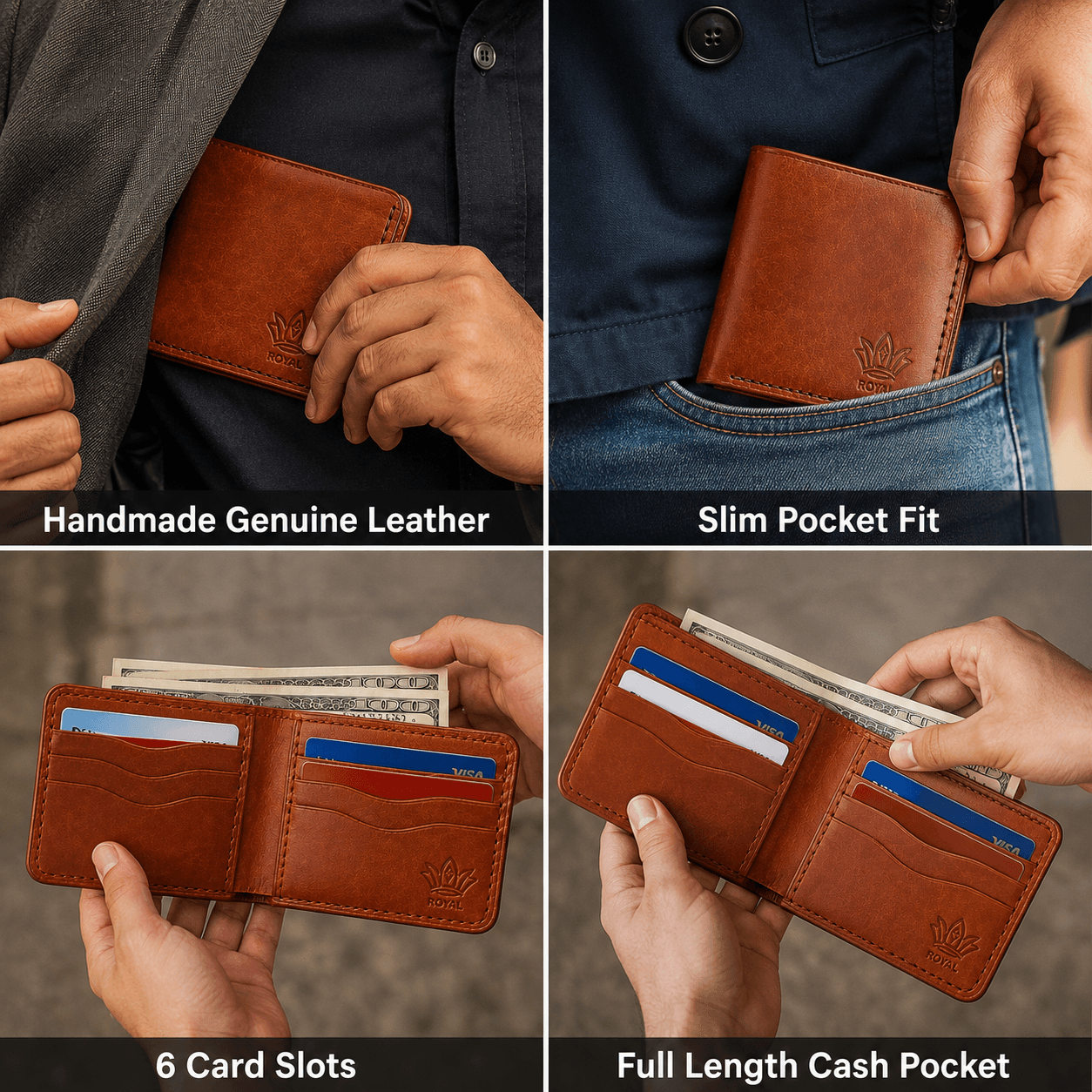 ROYAL Hand Made Regular 3 Pocket Wallet — Tan