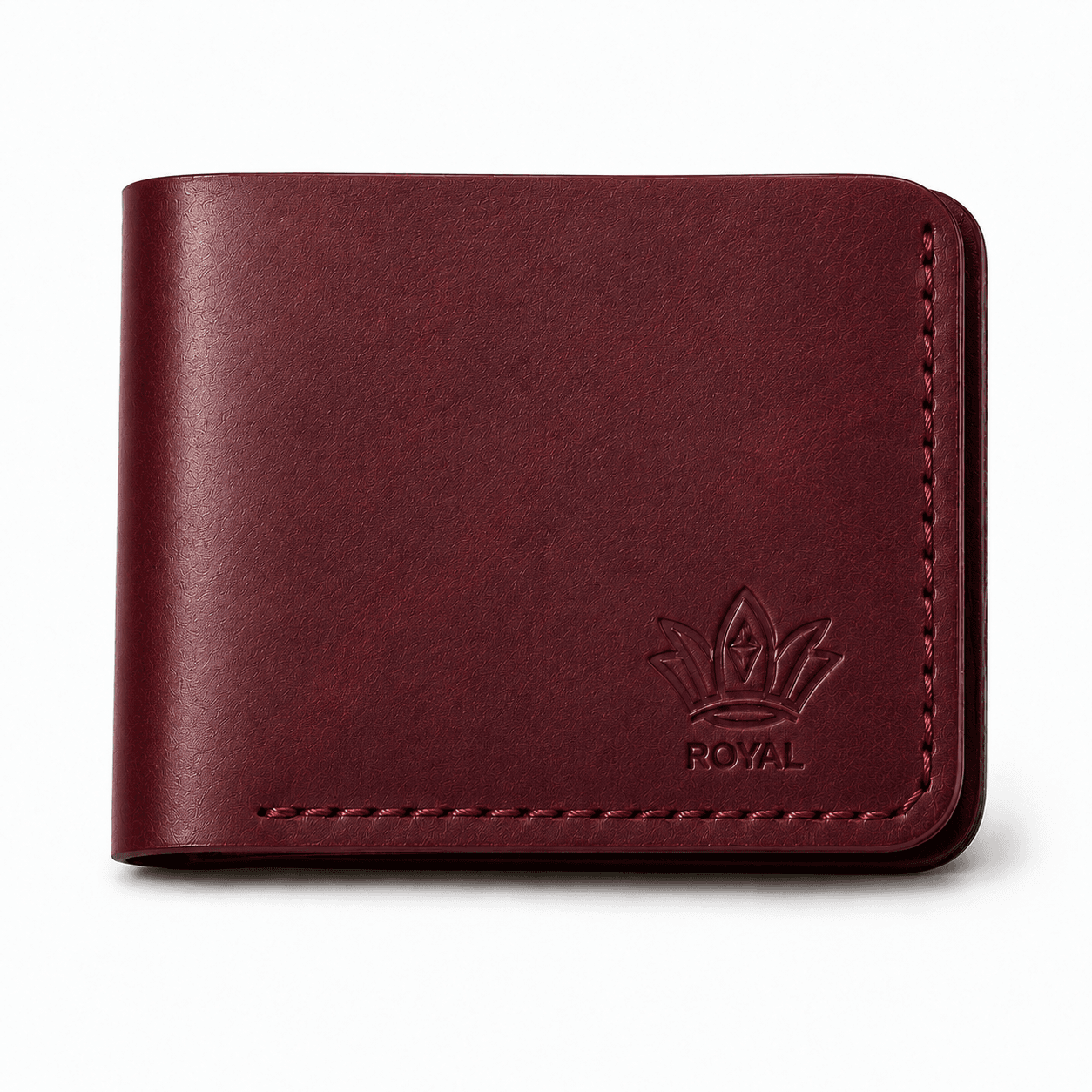 ROYAL burgundy hidden pocket bifold wallet, closed, front view with embossed crown logo