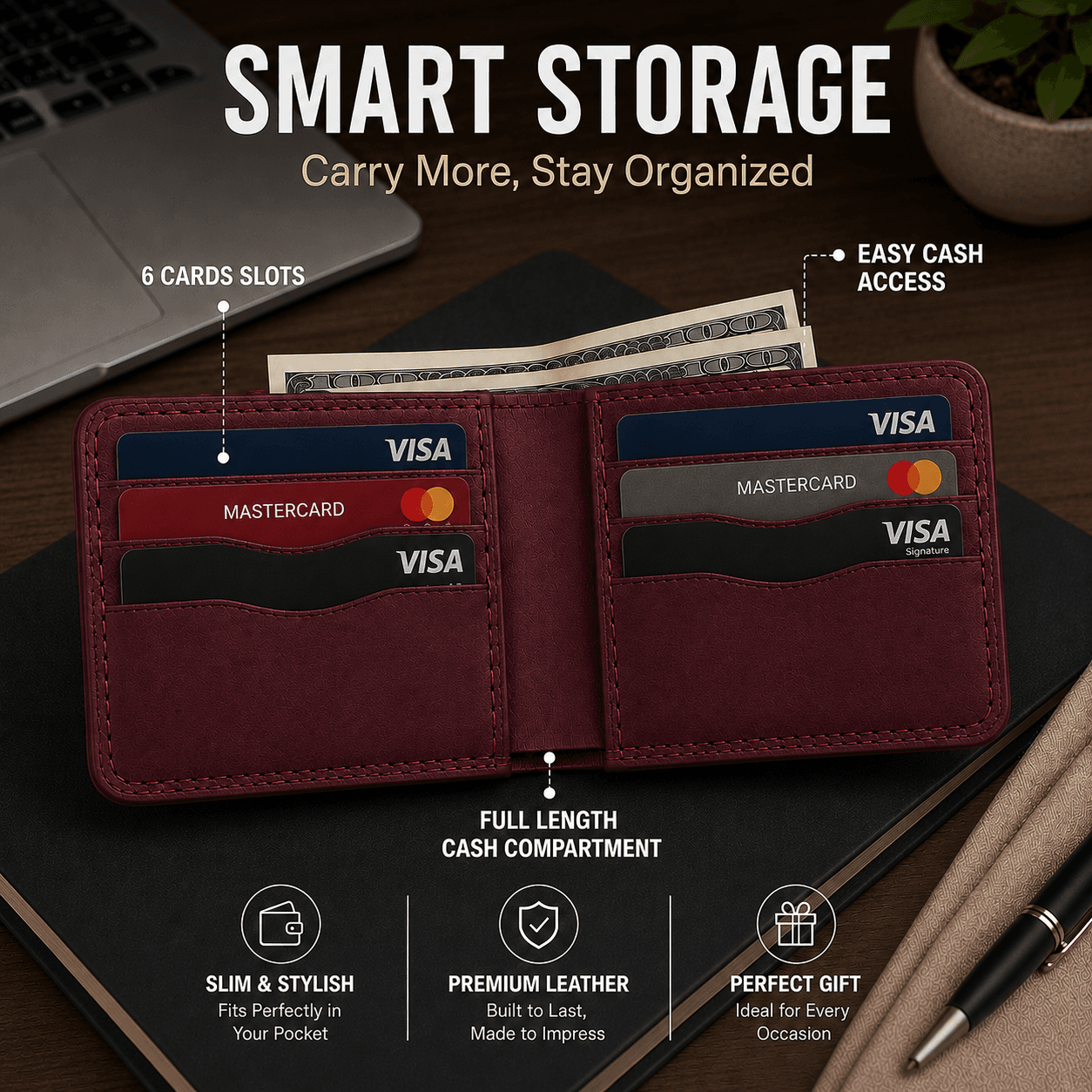Burgundy bifold open flat — infographic showing card slots, hidden pocket and full-length cash compartment