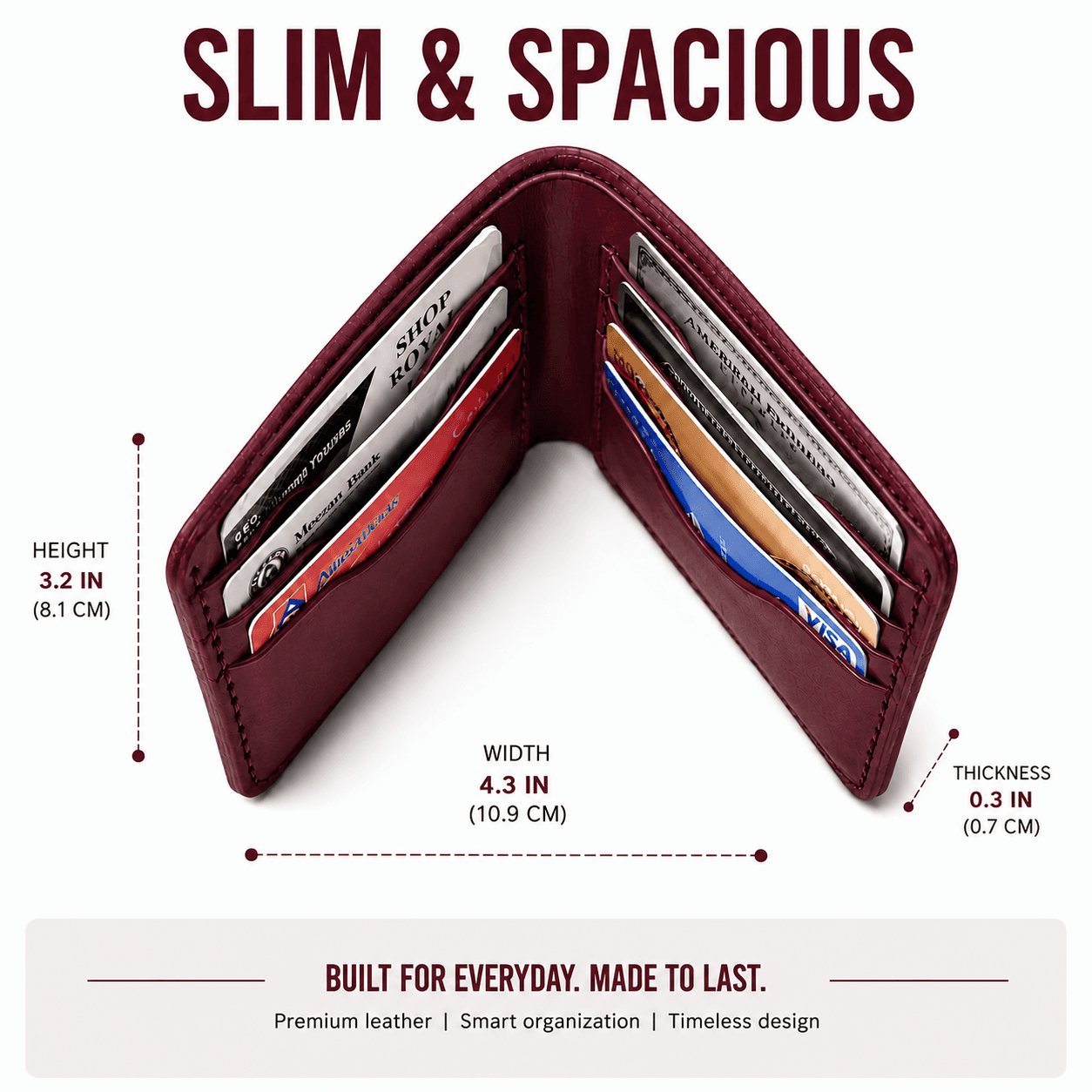 Burgundy bifold open with cards and dimensions labelled — slim and spacious