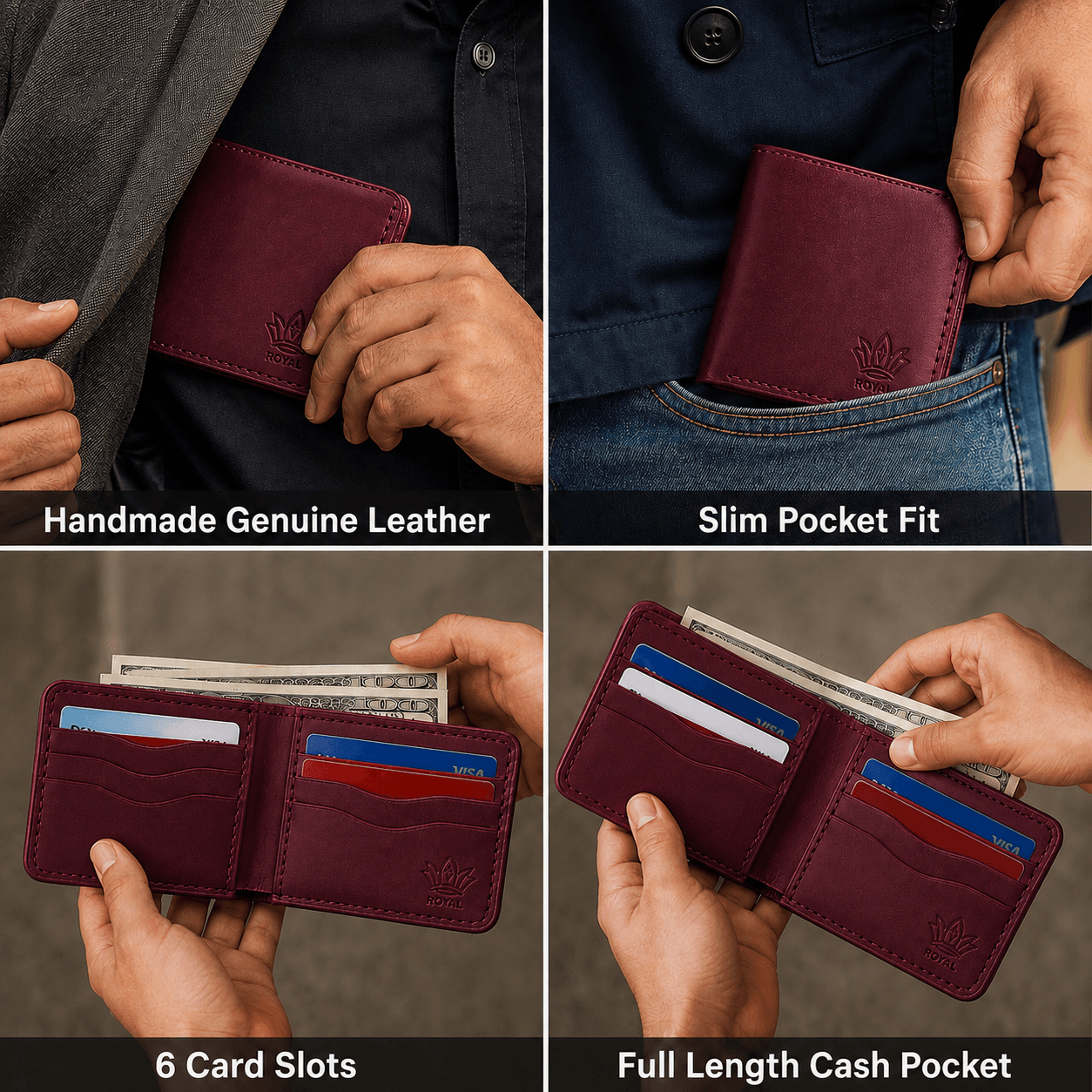 Four-panel detail: handmade full-grain leather, slim pocket fit, 6 card slots, full-length cash pocket