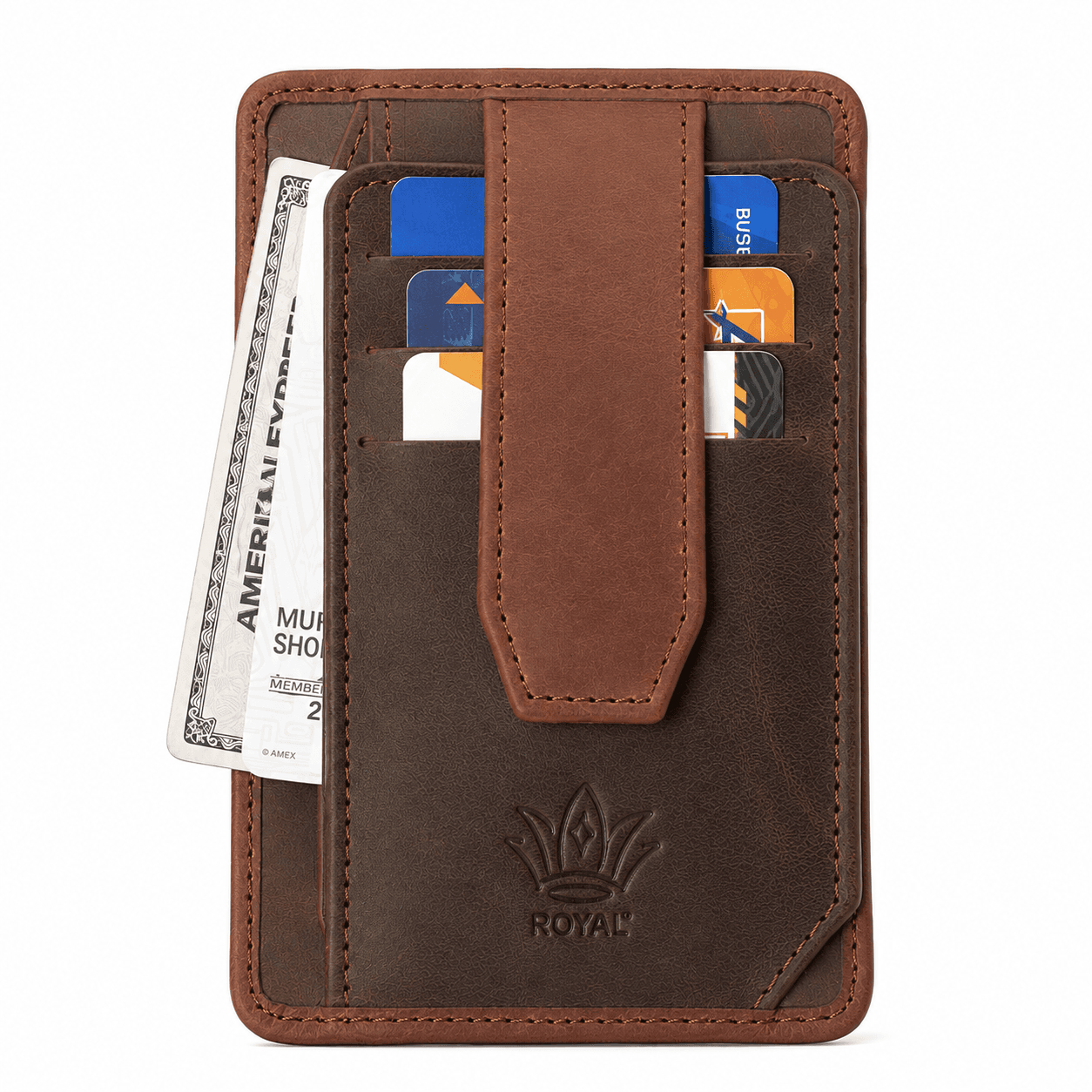 ROYAL chocolate flap wallet, front view: cash and cards under the snap strap, embossed crown