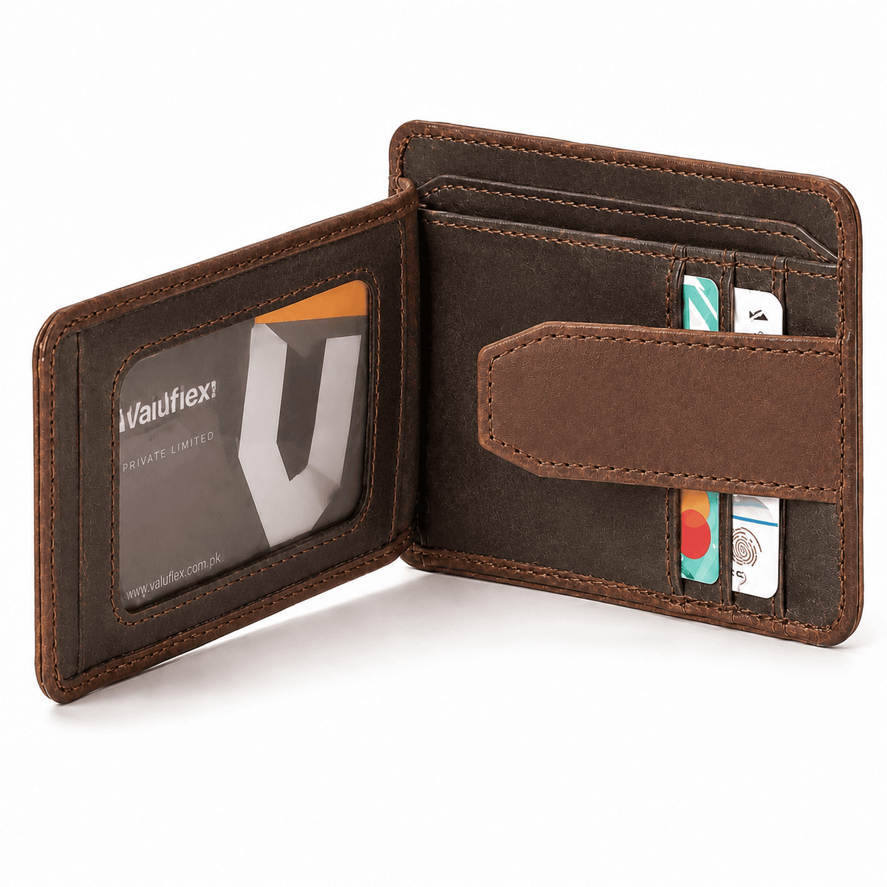 Chocolate flap wallet opened flat: ID window on the left, card slots and strap on the right