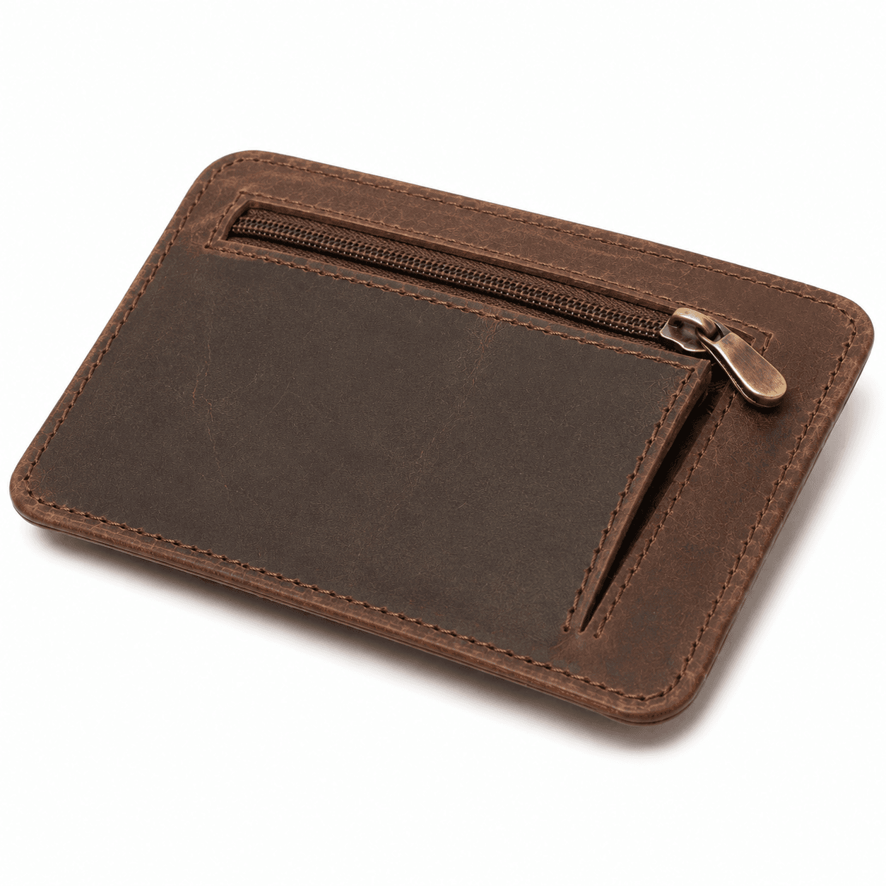 Back of the chocolate flap wallet showing the brass zip pocket