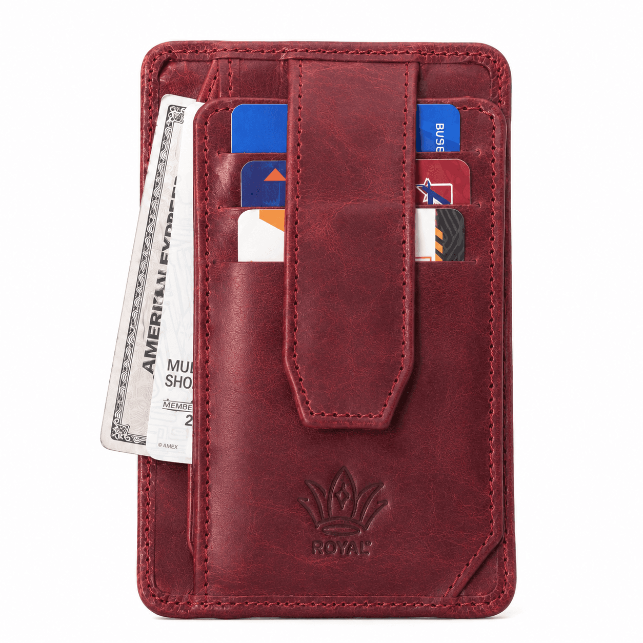 ROYAL burgundy flap wallet, front view: cash and cards under the snap strap, embossed crown