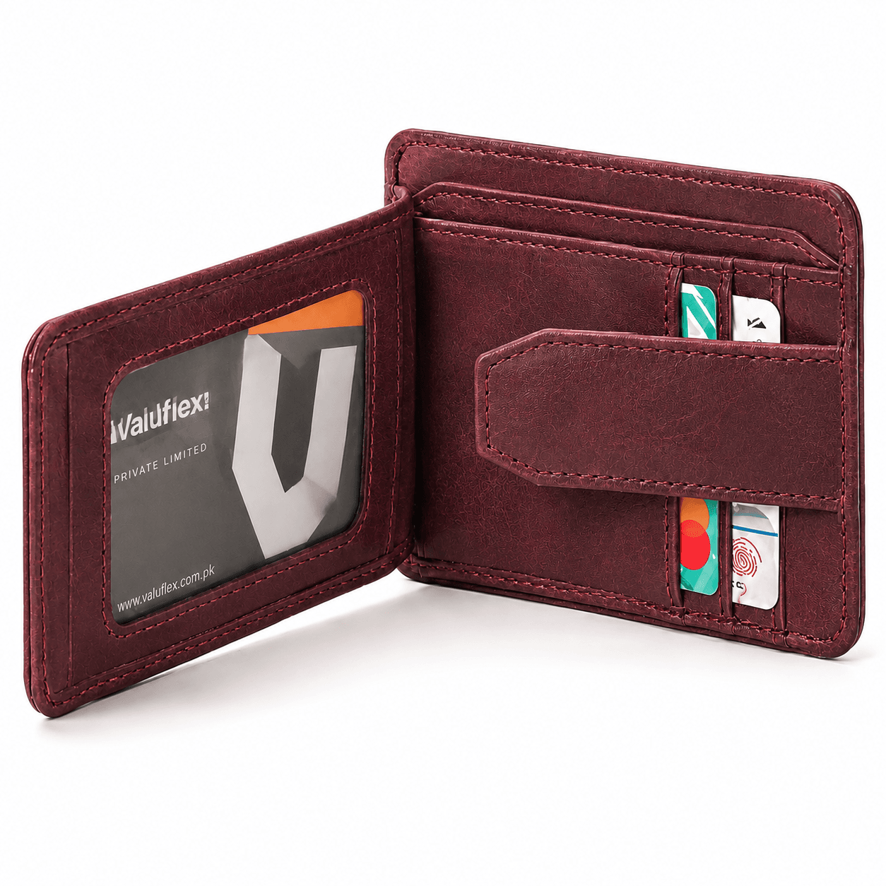 Burgundy flap wallet opened flat: ID window on the left, card slots and strap on the right