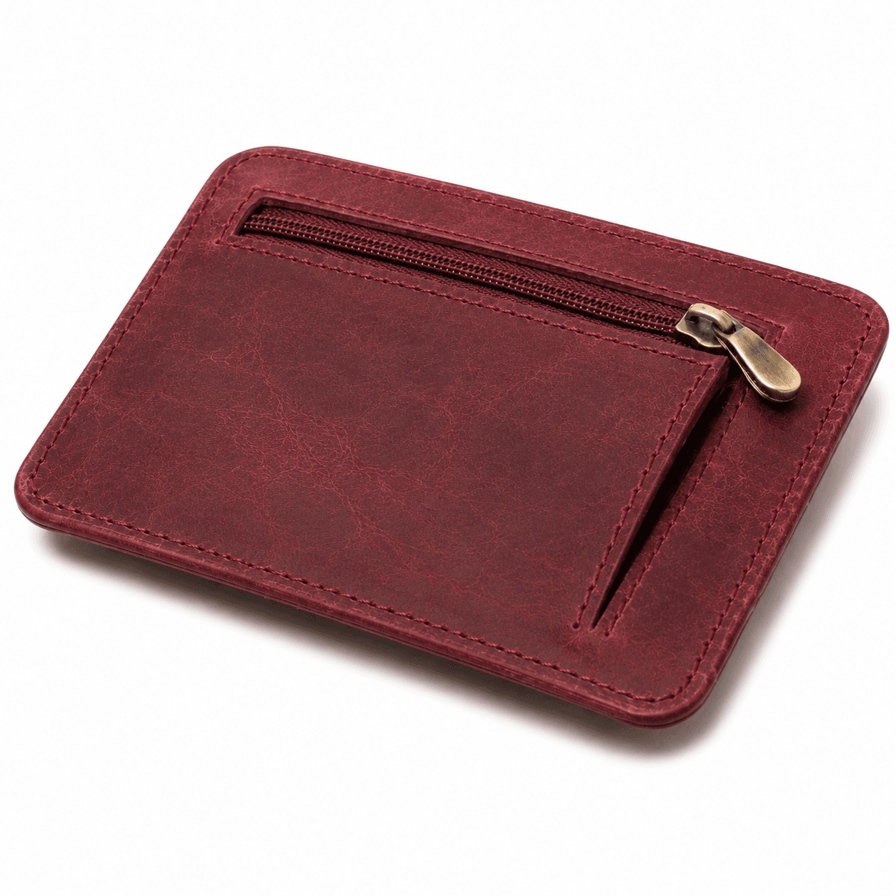 Back of the burgundy flap wallet showing the brass zip pocket