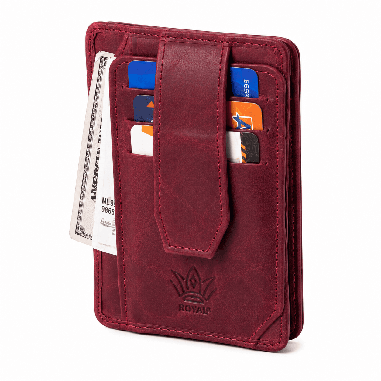 Burgundy flap wallet front with cash under the snap strap and cards in the outer slots