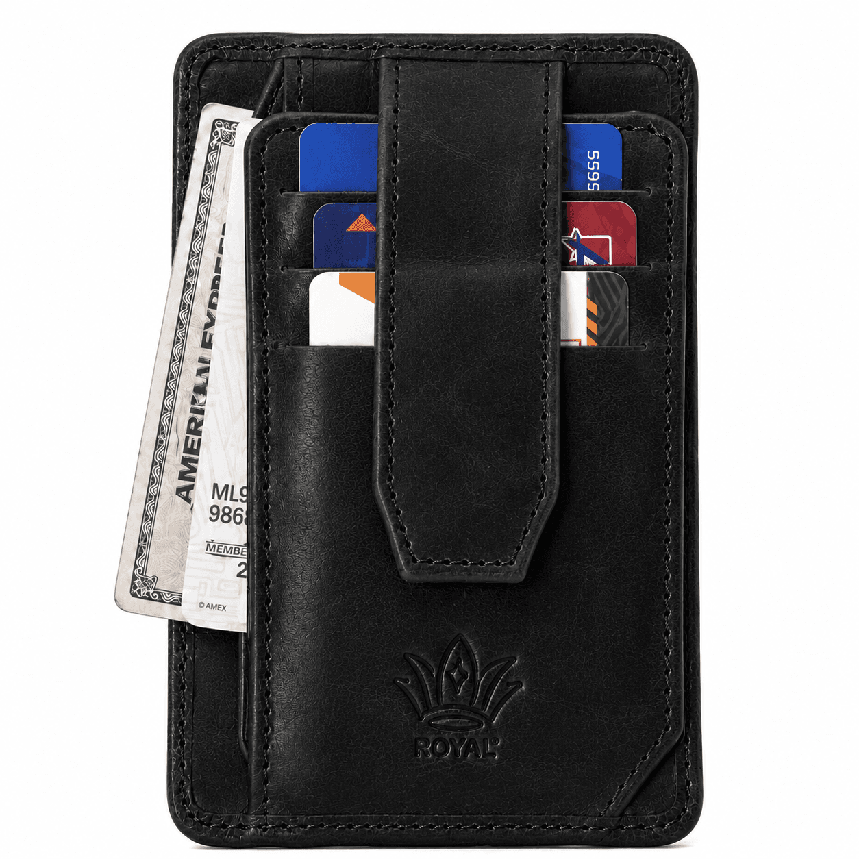 ROYAL black flap wallet, front view: cash and cards under the snap strap, embossed crown