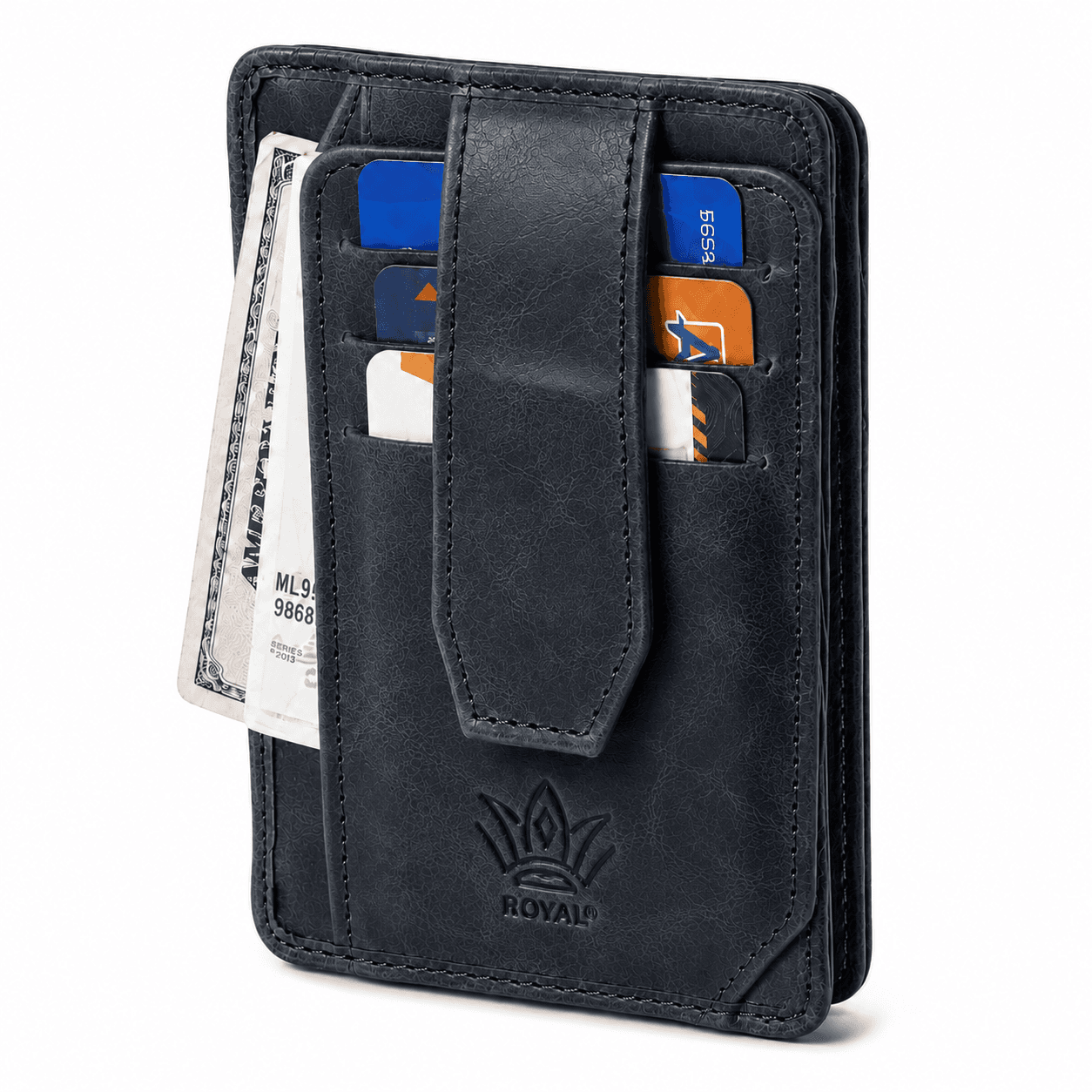 Navy flap wallet front with cash tucked under the snap strap and cards in the slots