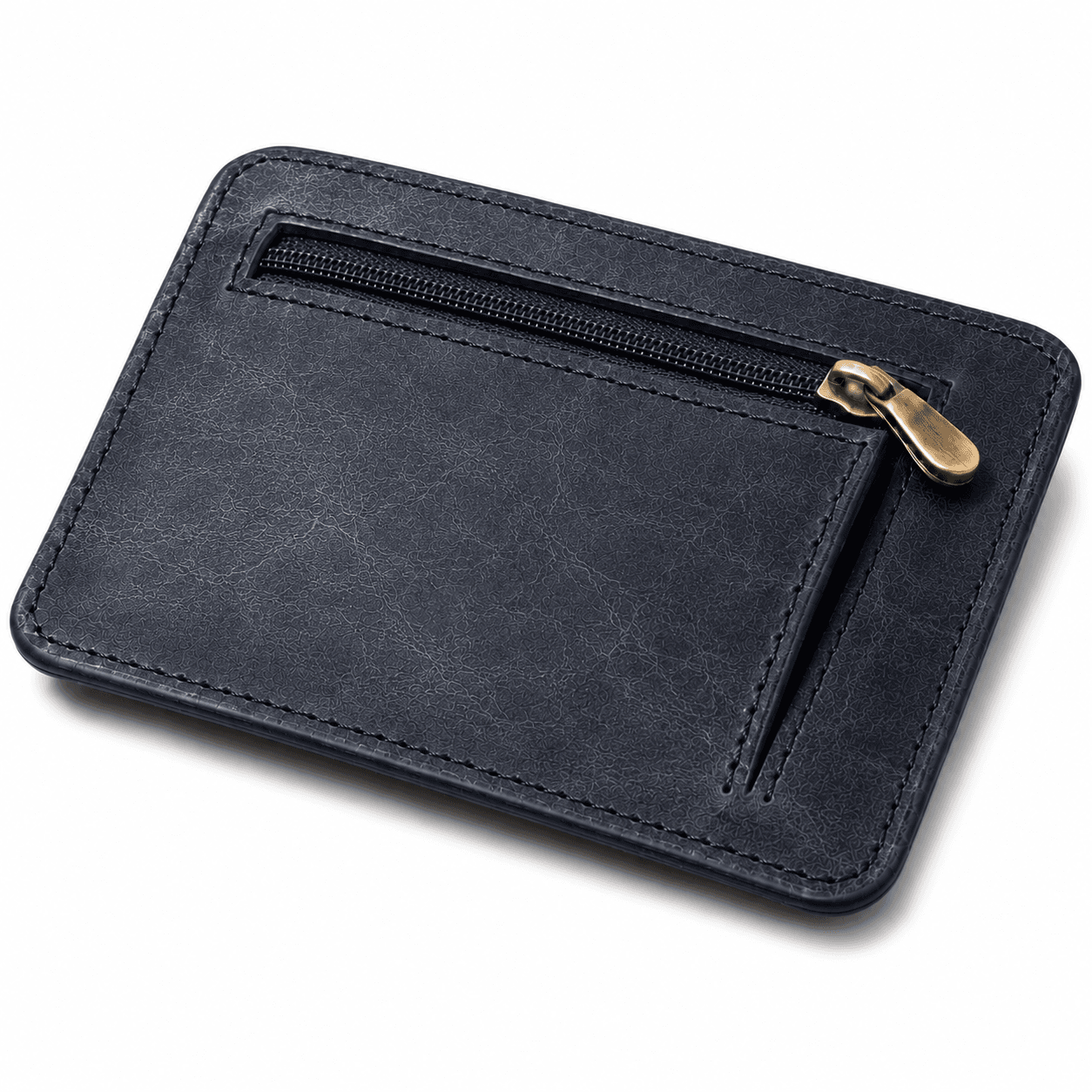 Back of the navy flap wallet showing the brass zip pocket