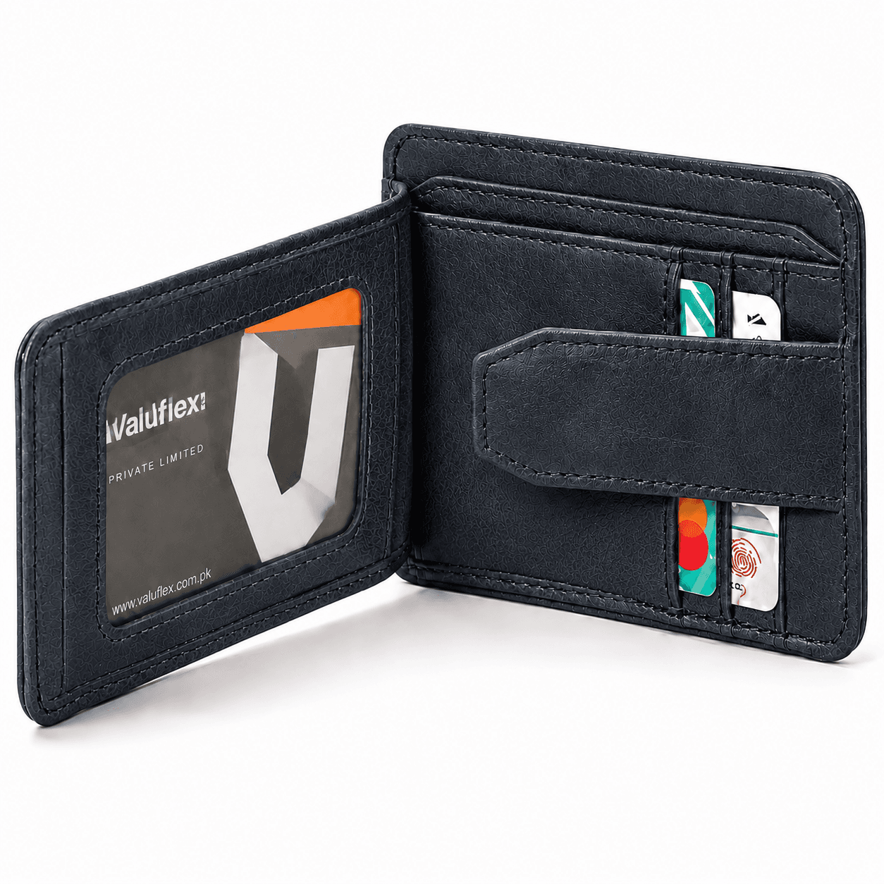Navy flap wallet opened flat: ID window on the left, card slots and strap on the right