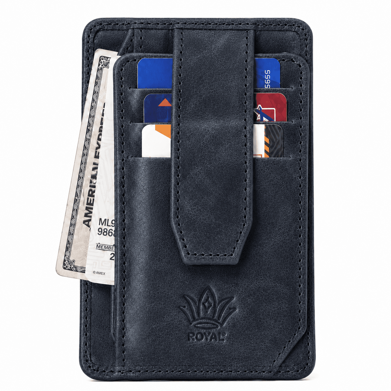 ROYAL navy blue flap wallet, front view: cash and cards under the snap strap, embossed crown
